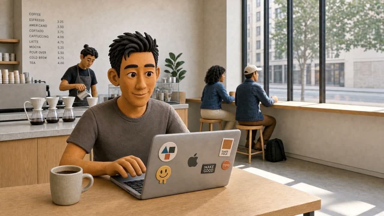 A claymation coffee shop set, dressed and lit