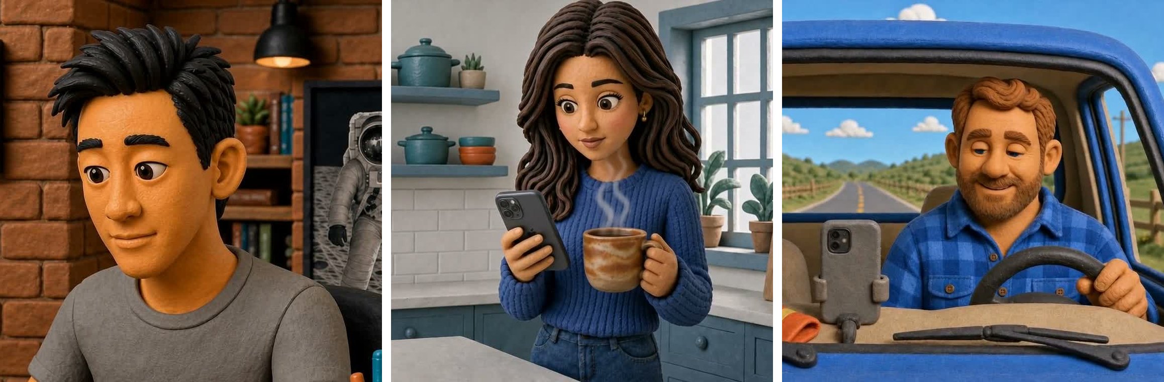 The three leads in the finished film: Marcus in his studio, Priya in her kitchen, Diego in his truck