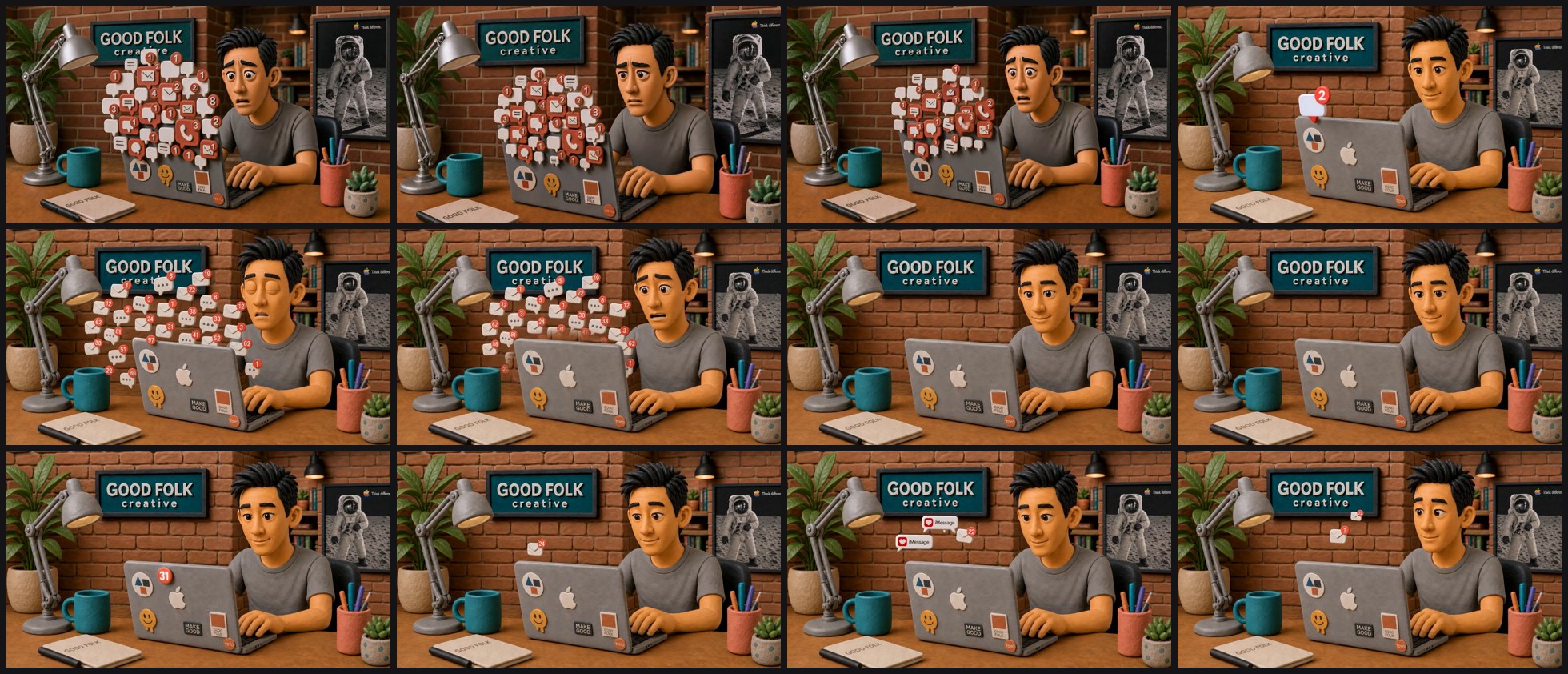 Contact sheet of twelve takes from the laptop notification scene