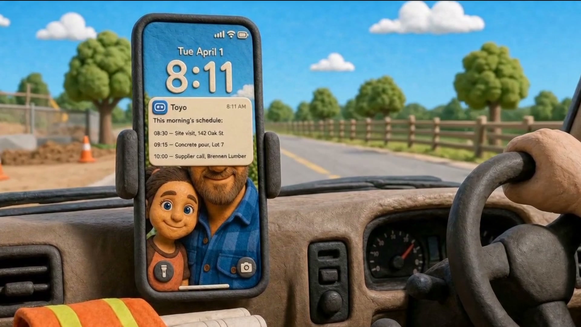 Clay notification cards burying a family photo on a phone lock screen