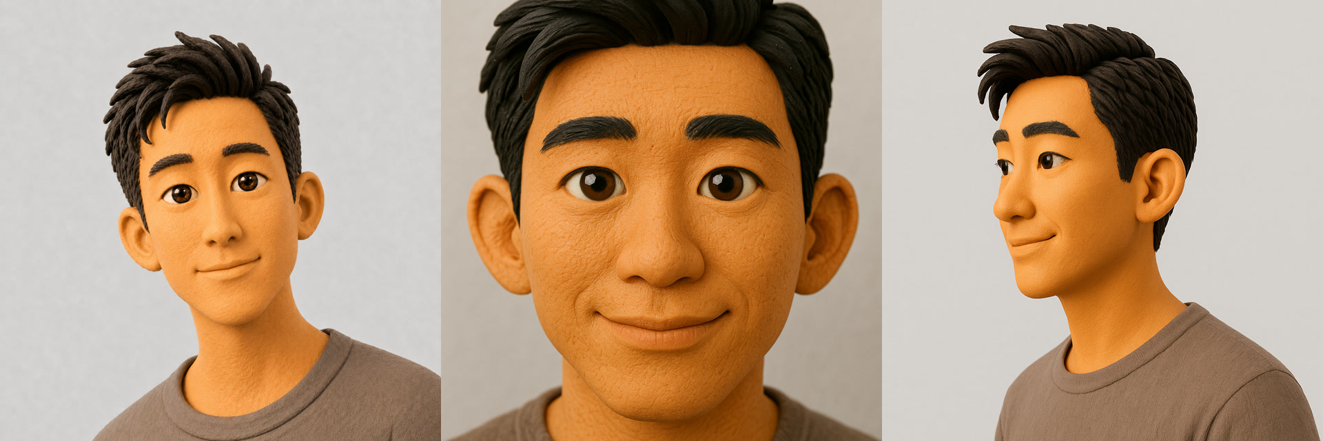 Marcus character reference sheet: front, close-up, and three-quarter views